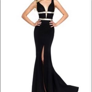 Black Plunging Beaded Mermaid Gown